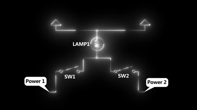 Animated electrical circuit diagram with glowing neon lines, switches, and lamp schematic electronics