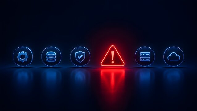 Cyber security alert and system error concept with glowing red warning triangle standing out among blue technology and cloud server icons