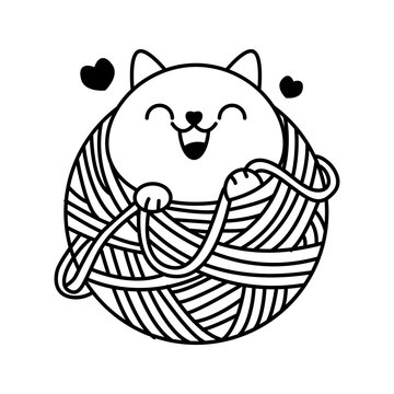 Cat Playing with Yarn Ball Line Icon
