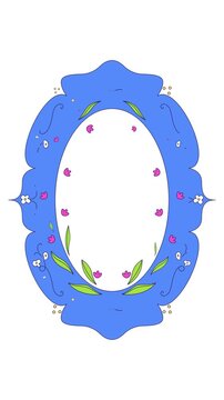 Floral motif oval animated retro frame overlay. Leafy vines and botanical scrollwork. Symmetrical flourish. Folk aesthetic. Transparent vertical border animation for social media and video content