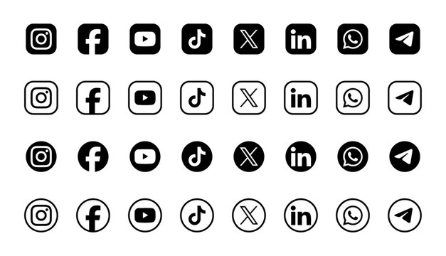 Social media black icon set featuring instagram facebook youtube tiktok x linkedin whatsapp telegram