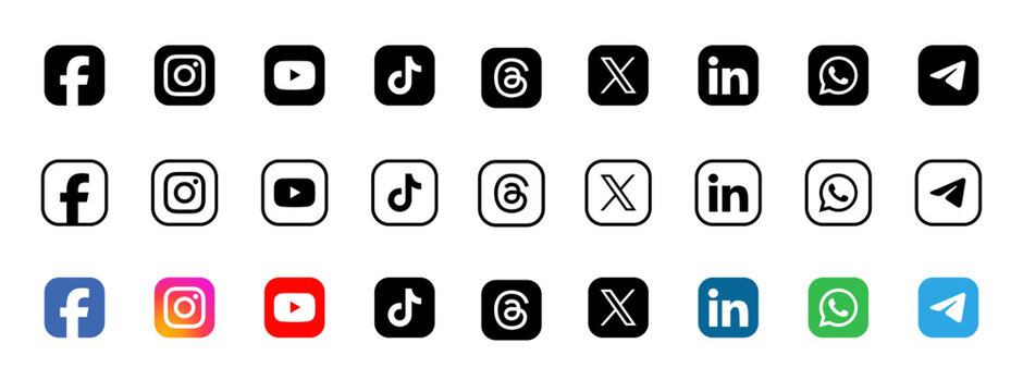 Social media logo icon set featuring facebook instagram youtube tiktok threads x linkedin whatsapp telegram