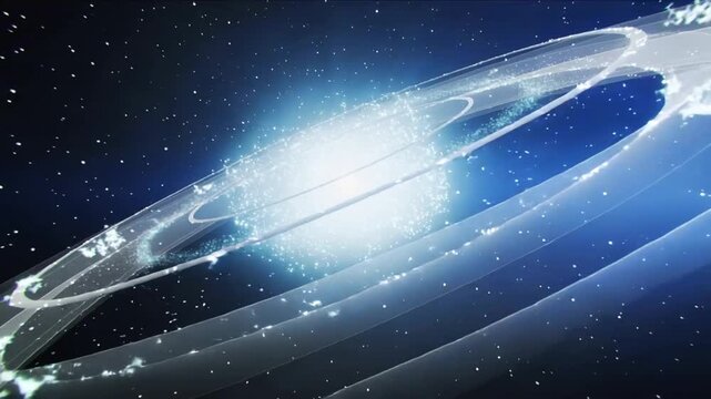 Pulsing blue core intensifying, rotating rings emitting flares, arcs, sparks in dense starfield