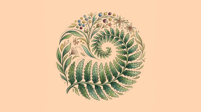 Spiral green leafy plant fossil formation.