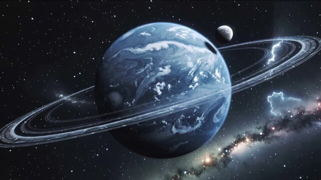 Ring system emitting lightning arcs after localized glow in space, revealing blue planet and moon