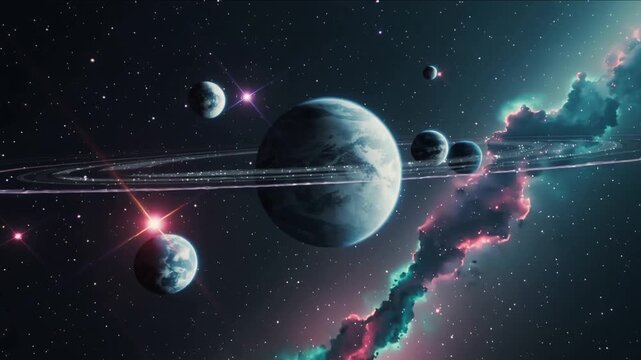 Orbiting ringed planet and moons with camera panning in space revealing surface texture and nebula