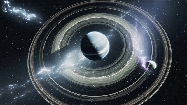 Orbiting camera revealing centered ringed gas planet in deep space, purple column energizing moon