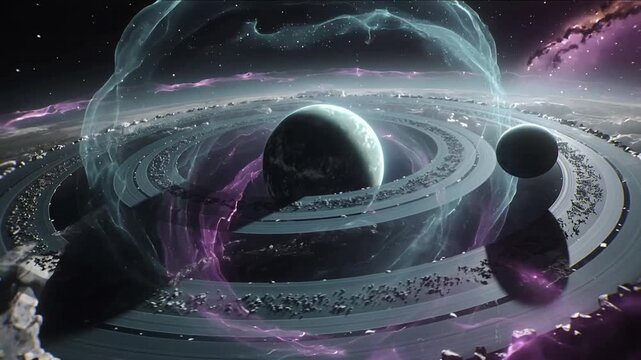 Rotating camera approaching ringed planet in outer space to inspect growing dome and purple streams