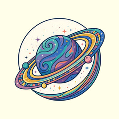 Vibrant Colorful Planet with Rings Illustration. © Saka