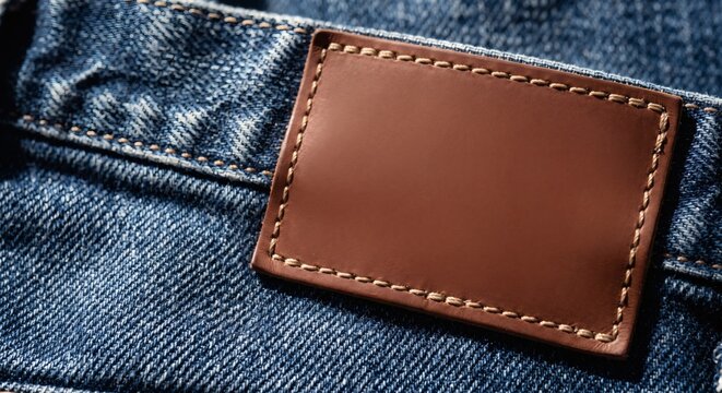 Blank brown leather patch mockup stitched on highly textured blue denim fabric