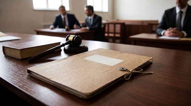 Official legal evidence folder with blank label on courtroom wooden table, realistic legal concept.

