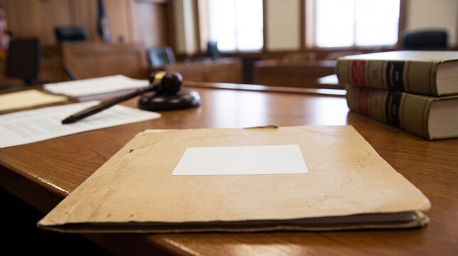 Official legal evidence folder with blank label on courtroom wooden table, realistic legal concept.

