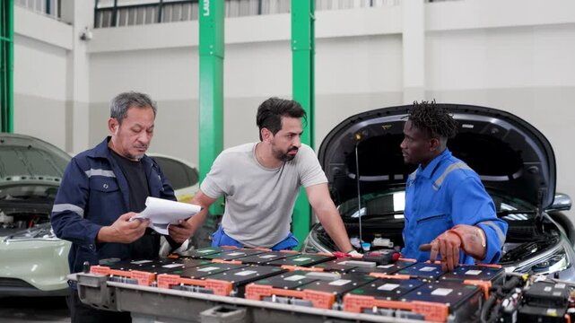 Auto technicians discuss an electric vehicle battery pack in a car workshop, standing by a dismantled module with open hoods and tools during diagnostics and maintenance.