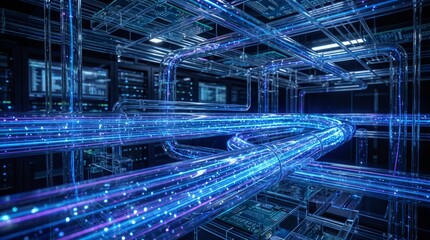 Fototapeta premium Abstract blue fiber optic data stream flowing through futuristic communication network, glowing particles, ultra detailed.