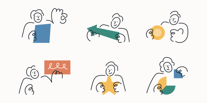 Cartoon Doodle line character set with people holding documents, arrow, coin, star and pie chart, illustrating business communication concepts.