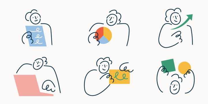 Cartoon Doodle line character set with people holding documents, pie chart, laptop and growth arrow, illustrating business and data concepts.