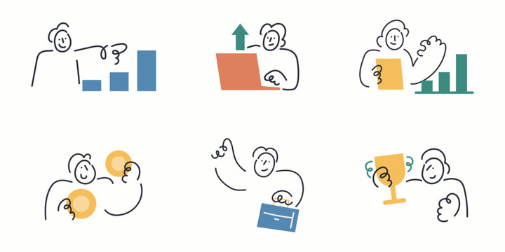 Business Success. Cartoon Doodle line character set with people pointing at growth charts, exchanging coins and holding a trophy, illustrating business success.
