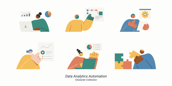 Data Analytics Automation. Flat vector character collection showing people analyzing charts, automation flow and connecting puzzle pieces.