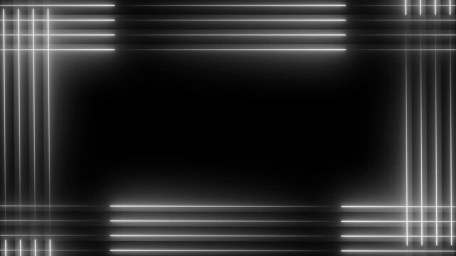 Minimalist white neon light frame border abstract motion background, with glowing geometric, lines