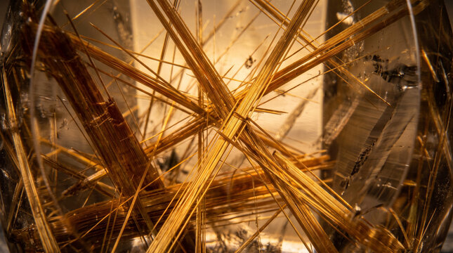 Golden rutile needles trapped inside a smoky quartz crystal