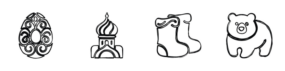 A set of four distinct line art illustrations representing iconic Russian symbols, perfect for cultural or travel themes © Vova7