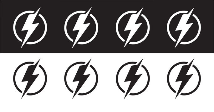 Set of electrical bolt icons inside circles for energy power electricity and charging status design.