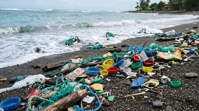 Plastic waste and garbage washed up on a tropical beach shore