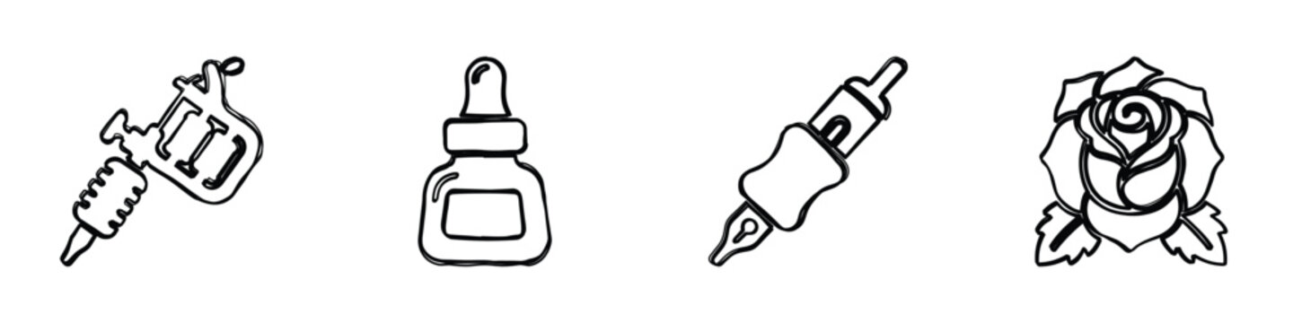 This graphic features a tattoo machine, ink bottle, tattoo needle, and a rose design, perfect for tattoo studio branding or artistic concepts
