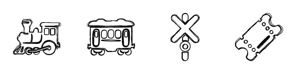 A set of hand-drawn style icons featuring a locomotive, passenger car, railroad crossing sign, and ticket for transportation themes © Vova7