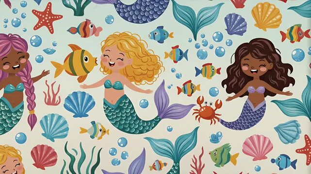 Charming animated pattern with diverse mermaids, fish, shells, and seaweed in a pixel art style, underwater fantasy theme