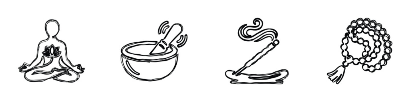 A set of hand-drawn line art icons representing meditation, aromatherapy, and spiritual practices for holistic well-being