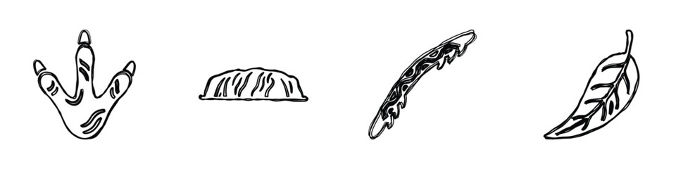 A set of four hand-drawn illustrations representing elements from the prehistoric era, including a dinosaur track and plant fossils © Vova7