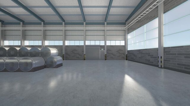 3D warehouse interior with slow forward dolly. Manufacturing facility features stacked steel coils, polished concrete floor, large window, bright natural light, industrial storage, logistics center.