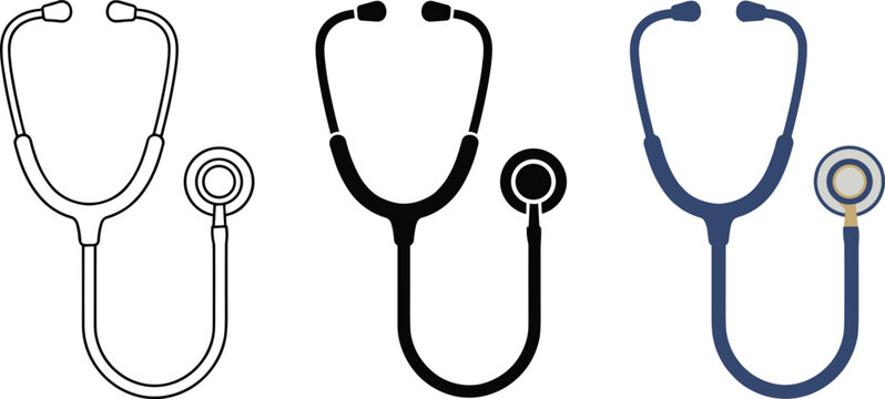 Stethoscope icon collection featuring medical diagnostic tool in outline glyph and flat color vector illustration styles