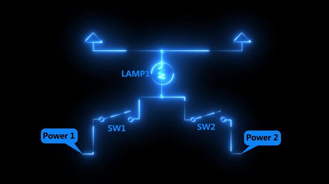 Neon electrical circuit diagram animation with glowing switches and lamp schematic