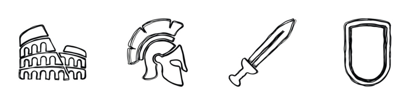 A collection of simple line art icons representing elements of ancient Roman history and warfare, including iconic landmarks and military equipment