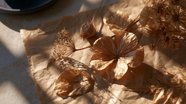 Minimalist arrangement of dried autumn botanicals pressed flat on aged kraft paper, seed heads and skeletal leaves casting thin shadows in morning window light, editorial ideal