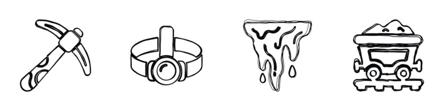 Set of four hand-drawn black and white icons representing mining tools and elements, perfect for digital or print projects