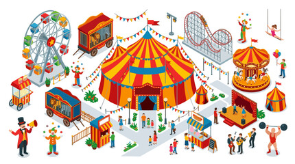 Fototapeta premium Colorful Circus Festival Scene in Isometric Vector Style