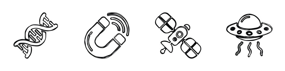 A collection of whimsical icons representing DNA, magnetism, satellites, and UFOs to spark curiosity in science and technology themes © Vova7