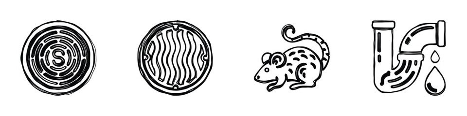 This collection of line art icons depicts manhole covers, a rodent, and a leaky pipe, symbolizing city services and common problems