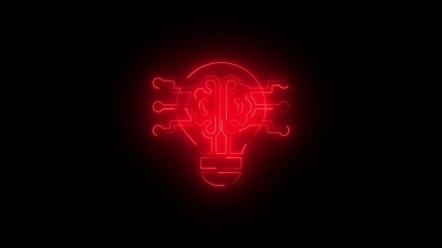 Neon glowing light bulb with digital brain circuitry for artificial intelligence concept machine learning
