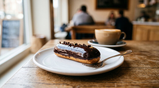 Chocolate glazed eclair with gold leaf on white plate in caf&eacute;