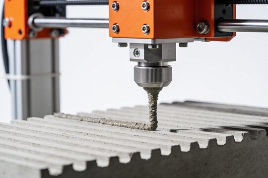 D&uuml;se eines 3D Betondruckers baut eine Wand auf, Nahaufnahme