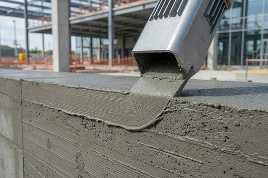 D&uuml;se eines 3D Betondruckers baut eine Wand auf, Nahaufnahme