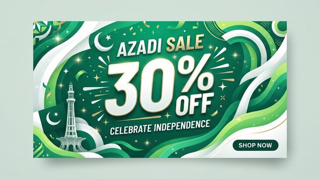 Azadi sale banner with 30 percent discount promotion. Celebrate independence with vibrant green megacity retail offer backdrop