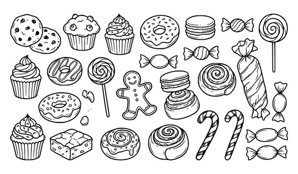 Hand Drawn Sweets Outline Vector Set with Cookies Muffins Cupcakes and Candy Sketch Icons