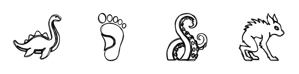 A set of four distinct line art icons representing a dinosaur, a human footprint, octopus tentacles, and a mythical beast © Vova7