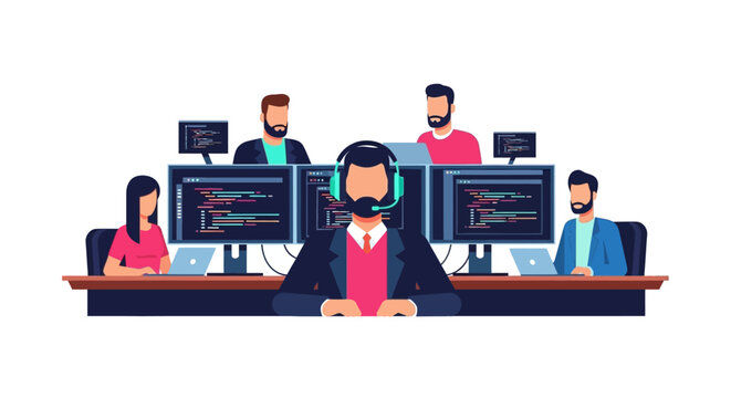 Software Developer Team and IT Support Specialists Working in Office Flat Vector Illustration