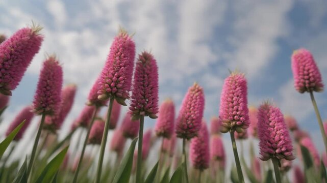 Beautiful pink bistorta flower field under blue sky with soft clouds